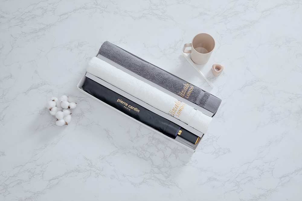 콤팩트 코마 40수 200g 호텔 타월 2P + 피에르가르뎅 2단 우산 SET 로고 인쇄