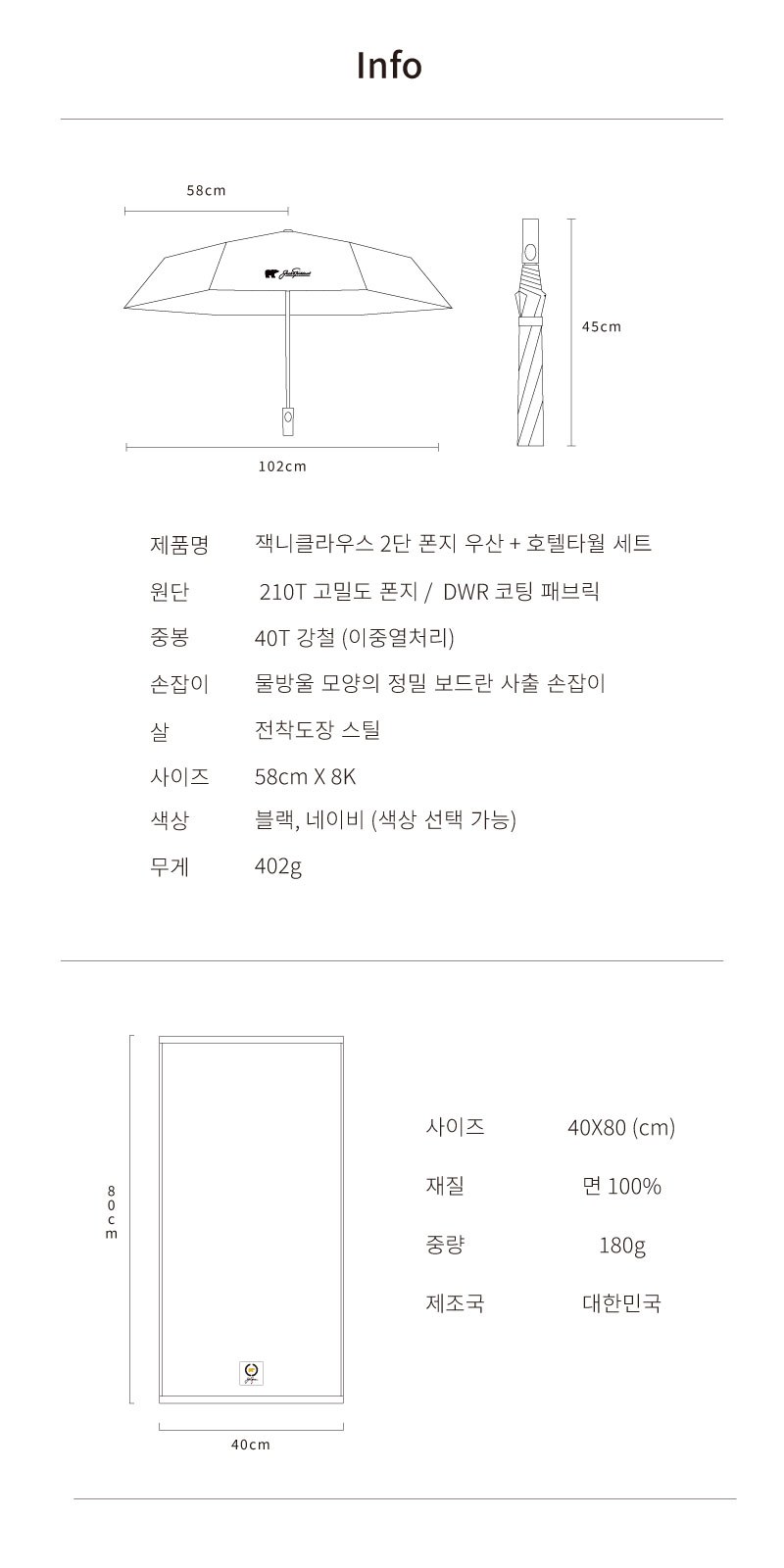 잭니클라우스2단폰지+스트라이프타올(180g)우산타올세트 상세 이미지