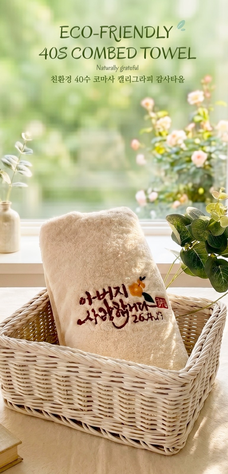 아이리스홈 친환경 40수 코마사 캘리그라피 감사 타올 200g 1매 상세 이미지
